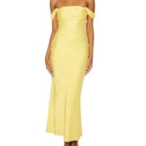 Satin off the shoulder ruched backless maxi dress- Realtix- Yellow Large